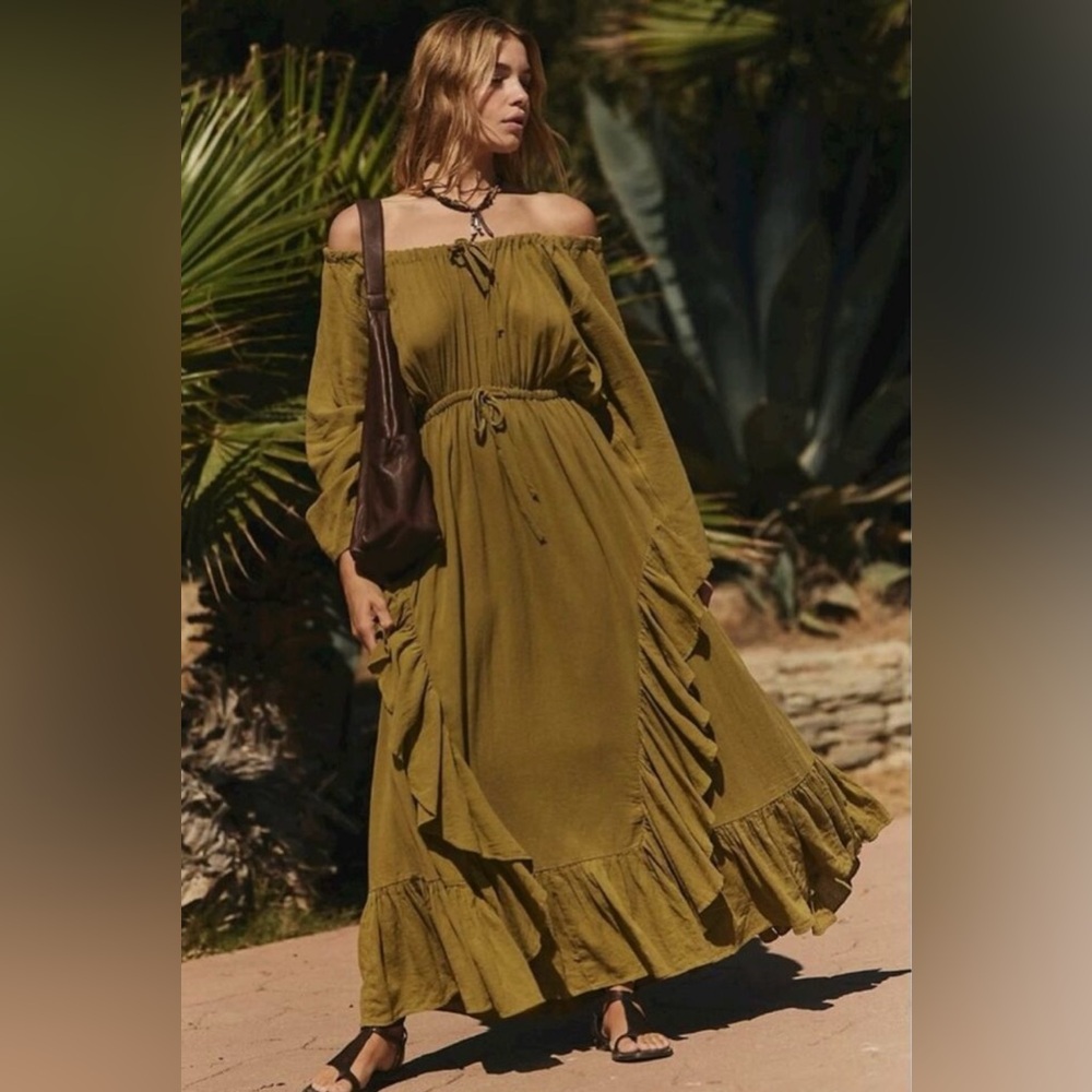 Free People Olive Green Off-the-Shoulder Long Sleeve Maxi Dress